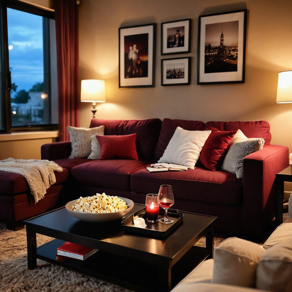 A cozy, intimate setting featuring a modern living room with a plush couch, soft warm lighting, and a laptop open on a coffee table displaying romantic movie scenes. Include a glass of red wine and a couple of popcorn bowls to create an inviting atmosphere. The background should convey a sense of privacy and relaxation. super-realistic. warm colors. soft focus.