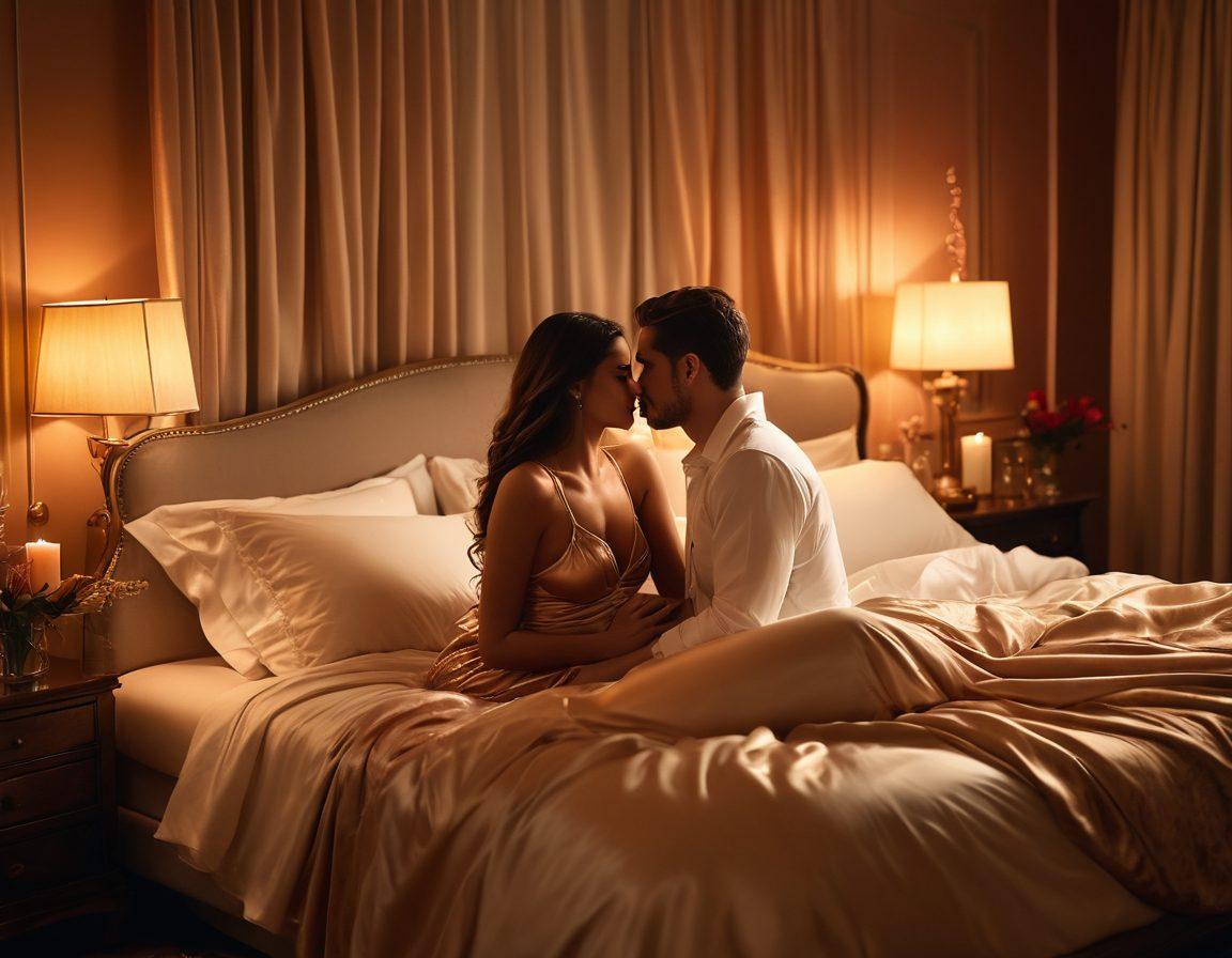 A sensual, intimate setting featuring a luxurious bedroom with dim lighting, silk sheets, and candles casting a warm glow. Include diverse couples engaged in passionate moments, symbolizing love and connection, surrounded by beautiful decor that exudes romance. The overall atmosphere should be inviting and alluring, emphasizing intimacy and exploration. super-realistic. warm tones. soft focus.
