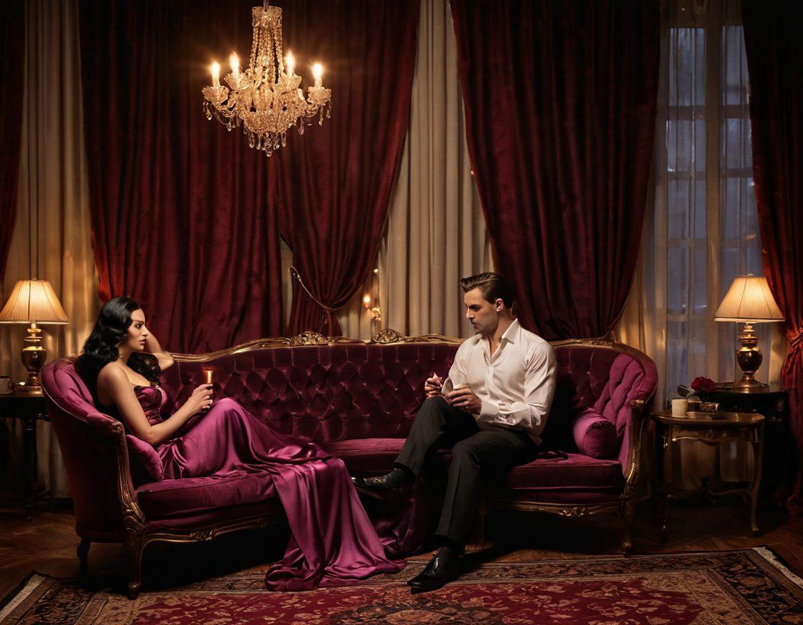 A sultry and inviting scene depicting a luxurious, dimly-lit lounge filled with elegant furnishings, soft velvet drapes, and flickering candles. In the foreground, a couple engages in an intimate and passionate conversation, with tantalizing glances shared between them. Artistic touches of seductive colors like deep reds and purples should dominate the palette, enhancing the allure of the setting. Elements of erotic entertainment like a vintage microphone and silk sheets subtly incorporated in the background. super-realistic. rich textures. warm lighting.